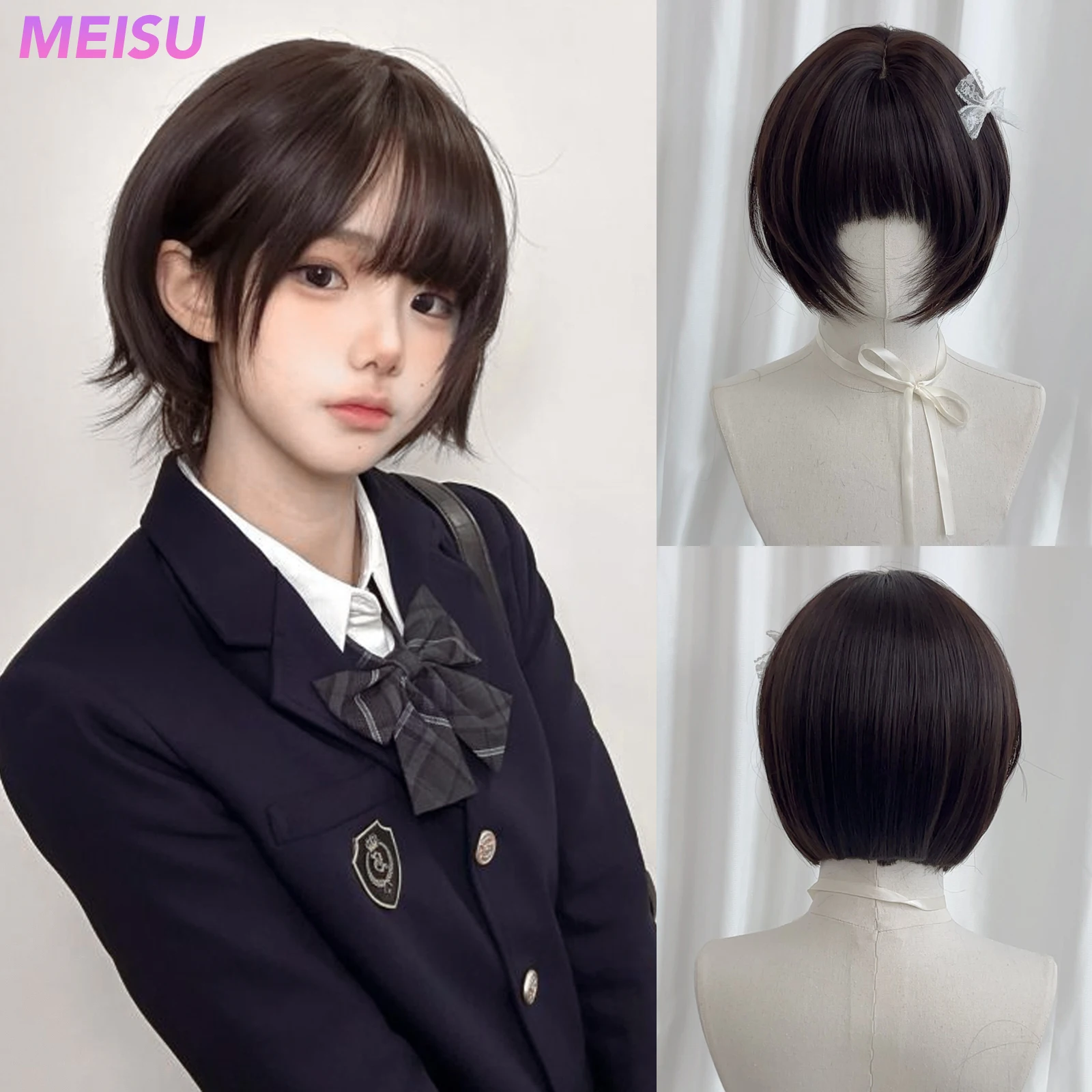 MEISU 10 بوصة قصيرة بوبو الانفجارات شعر مستعار الشاي الأسود الألياف الاصطناعية مقاومة للحرارة الطبيعية وسلسة Selfie حفلة للنساء