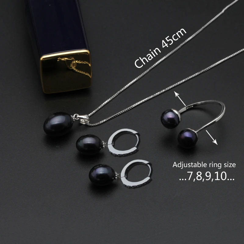 Real wedding black freshwater pearl jewelry set women,natural pearl sets 925 silver necklace earring anniversary gift