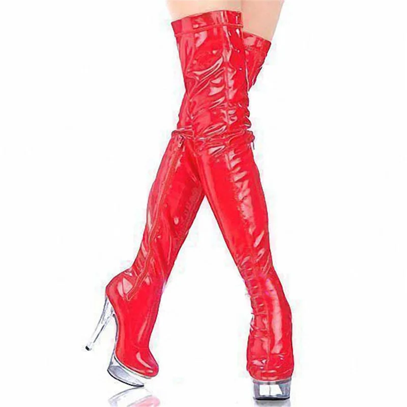 Sexy Patent leather Riband Hollow Over the knee Boots 15CM High heeled shoes Red Crystal Thin heels Nightclub Pole Dance 6inches
