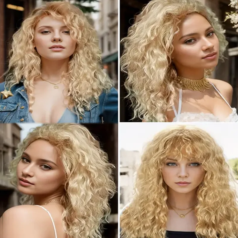 باروكة صناعية متوسطة الحجم أشقر ذهبي مموج مع غرة، شعر مستعار طويل مموج من الألياف المقاومة للحرارة مقاس 16 بوصة عالي الجودة للنساء