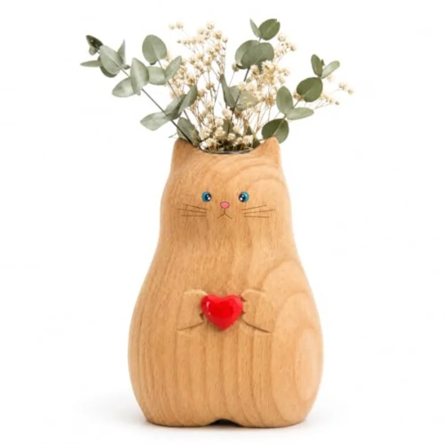 Cat Vase Handmade Wooden Vase, Home Decor Small Vases, Solid Wood Cat Statue Holding Heart Shaped, Modern Creative Cat Decor