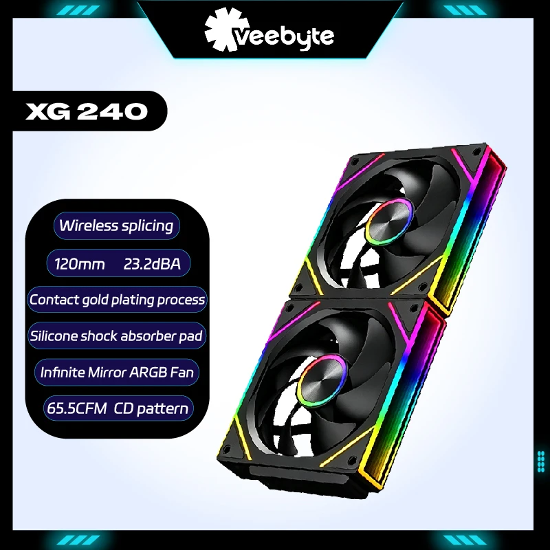 VEEBYTE XG-240 ARGB PWM 4PIN Wireless Splicing Building Block 120mm PC Fan Quiet cooler Large Air Volume Computer Chassis Fan