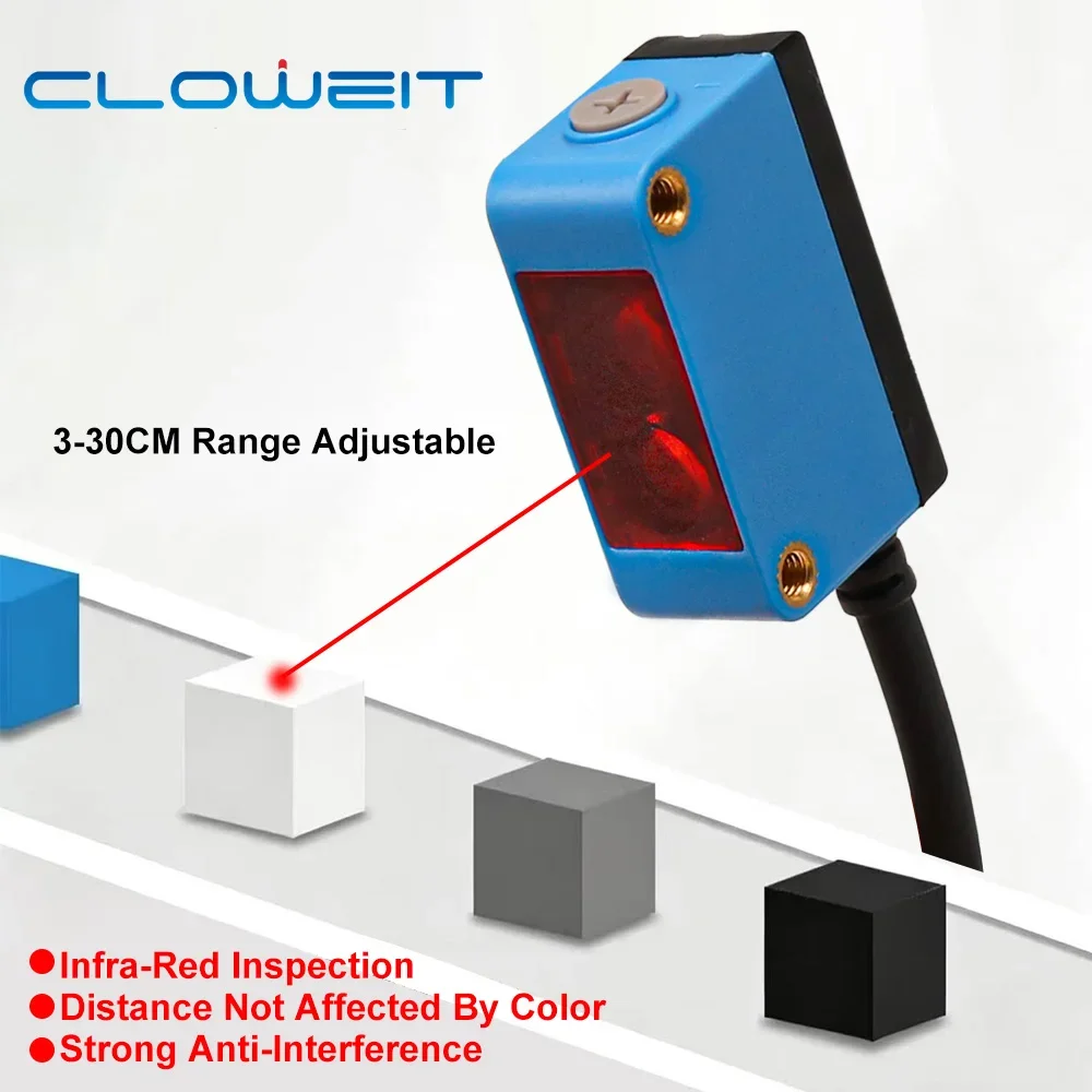Cloweit Square Photoelectric Switch 30cm Distance White Black Color Background Suppression Infrared Photocell Sensor GTB6-DC30