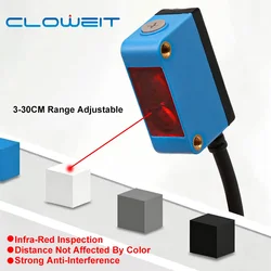 Cloweit Square Photoelectric Switch 30cm Distance White Black Color Background Suppression Infrared Photocell Sensor GTB6-DC30