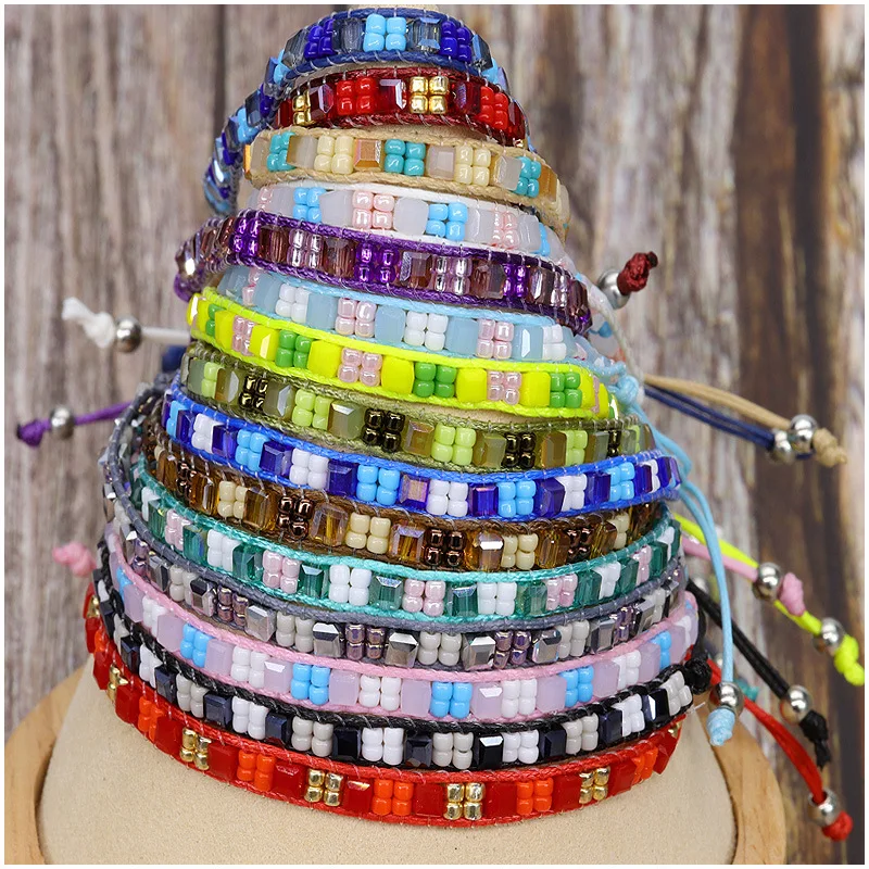 

ZGMXR Bohemia Rice Bead Bracelet Block Gradient Hand Knitting Retro Adjustable Crystal Beaded Originality Design