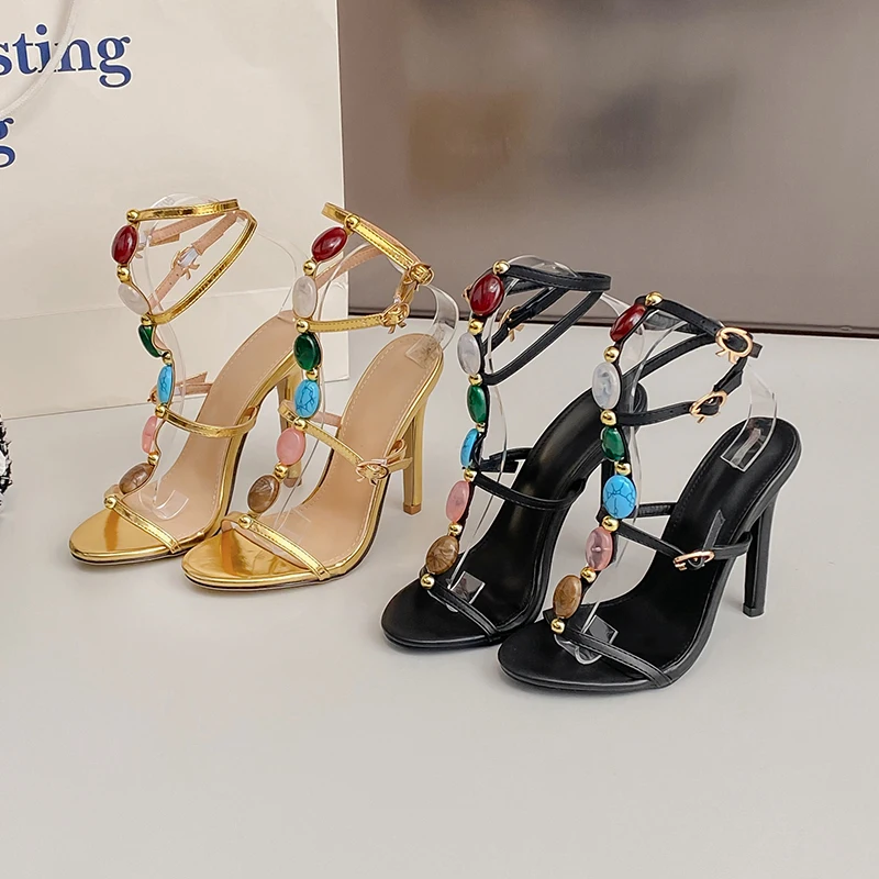 Kcenid Summer Fashion Colors Narrow Band String Bead Women Sandals Thin High Heels Buckle Strap Sandals Prom Party Shoes Woman