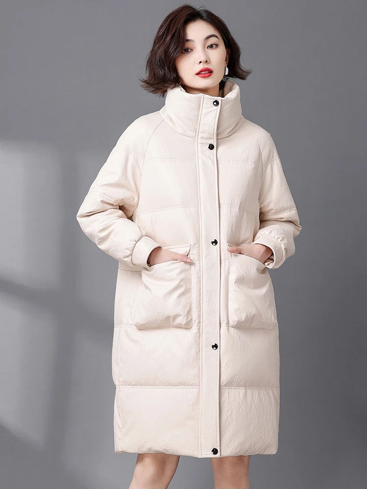 Kurtka damska zimowa z owczej skóry Haening, ocieplana, średniej długości, luźny krój, stójka, koreański styl, prawdziwa skóra, płaszcz z puchem.