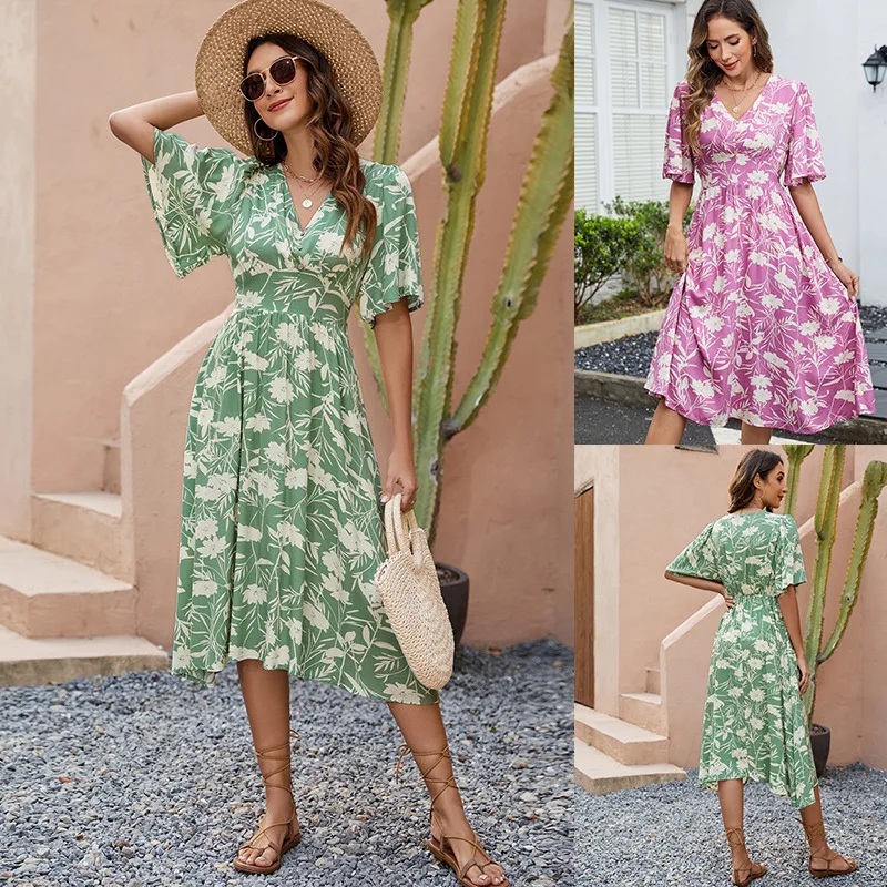 Dames n Cotton Summer Dr V-Ne ort Sve taillegedekte print Dr elastische taille bloemenprint Dr