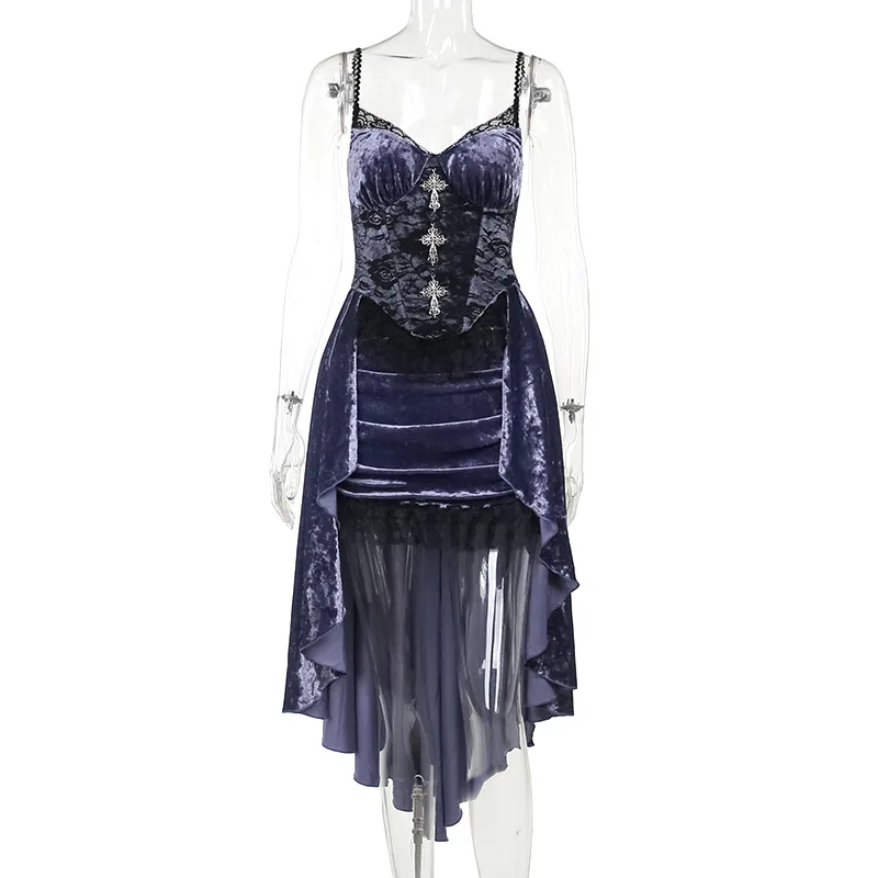 NONSAR Goth Dark Gorgeous Victorian กํามะหยี่ A-Line หญิงชุดราตรี Lolita Partywear Grunge สลิงลูกไม้ Hem Dress