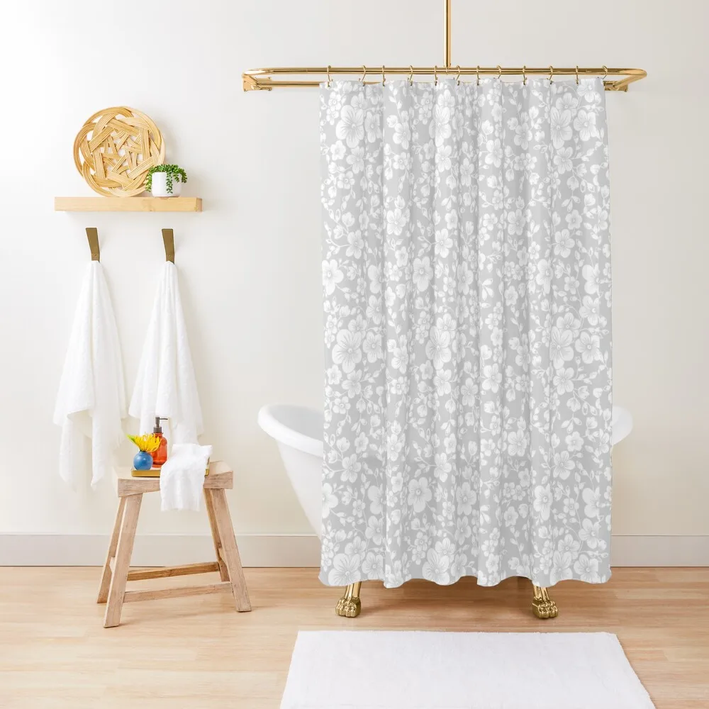 

Delicate Light Grey and White Blossom Floral Print Shower Curtain Toilet Accessories Bathroom Shower Bathroom Curtain