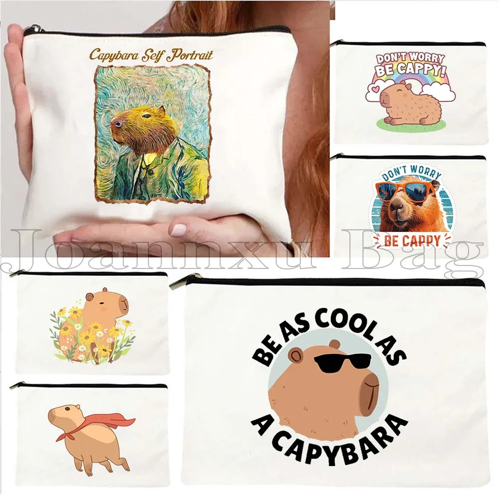 

Cute Capybara Gifts Cartoon Capybara Self Portrait Daisy Flower Canvas Cosmetic Bag Makeup Toilet Bag Pencil Case Zipper Pouch