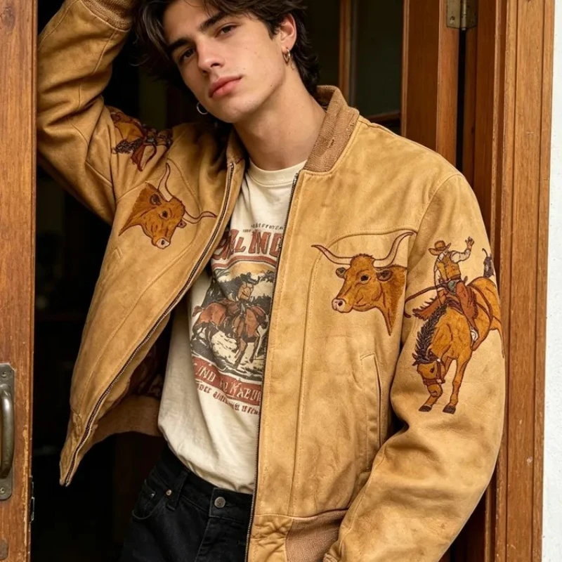 Y2K Vintage Baseball Jacket Street Fashion Western Denim Pattern Zipper Jacket American Harajuku Men Women Oversized Streetwear