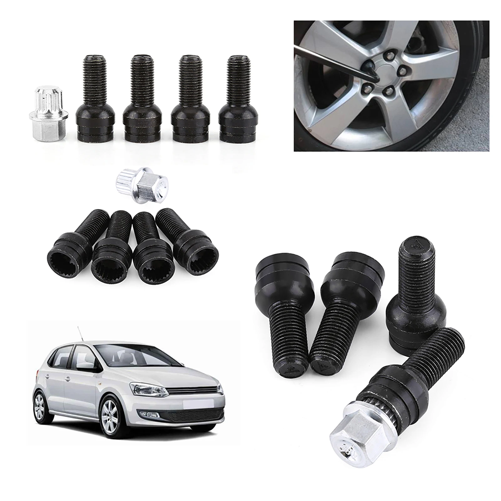 Black Steel Wheel Bolt Lock Set with Key - 4+1 M14×1.5mm Security Lug Nuts Anti Theft System for Cars SUVs Easy Installation