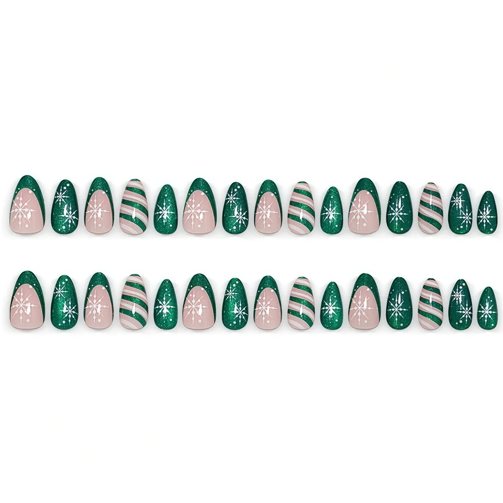 30pcs Green Glitter Cat Eye Press On Nails 3DChristmas White Snowflake Candy Cane Stripes Fake Nail Winter Holiday False Nail 5