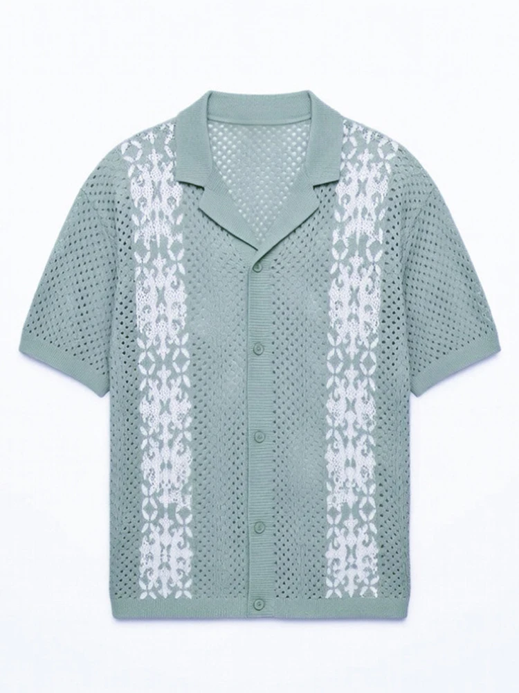 Retro Pattern Contrast Color Shirt Knitting Short Sleeve Button-up Lapel Mens Shirts Summer Casual Breathable Hollow Out Shirts