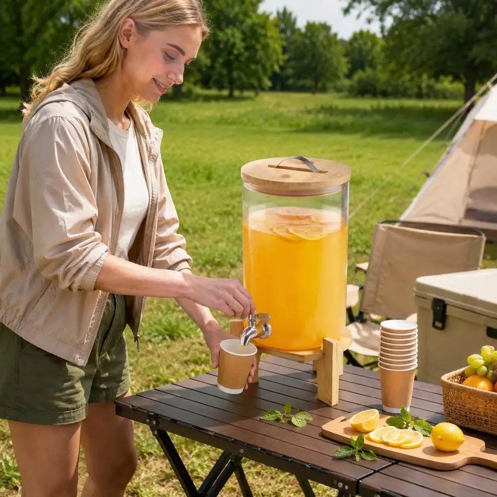 Distributeur de boissons en verre de 2,2 gallons avec base en bois et robinet en métal, récipient transparent pour jus, idéal pour les fêtes, le thé glacé, la limonade, distributeur de boissons pour la maison.