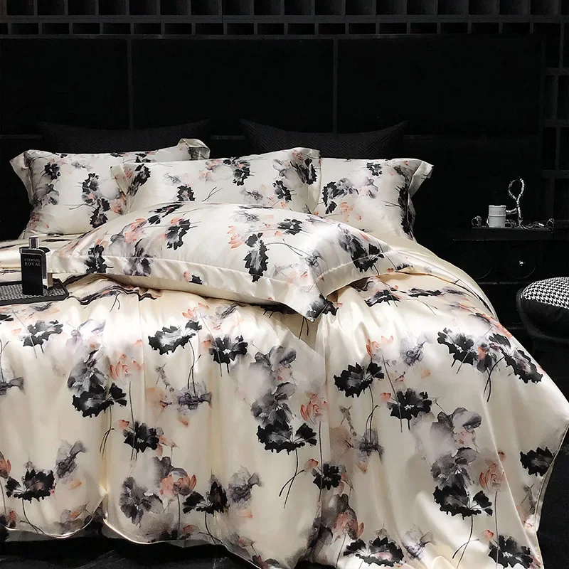 New Pastoral Printing Faux Silk Bedding Set Summer Cozy Smooth Bedclothes for Naked Sleep Luxury Rayon Double Size Bedroom Decor