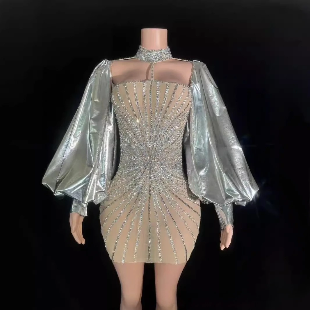 Abiti da spettacolo Collo Maniche a palloncino argento Abito da festa di moda Cos Abito da strada personalizzato Gruppo femminile che canta Abiti sexy