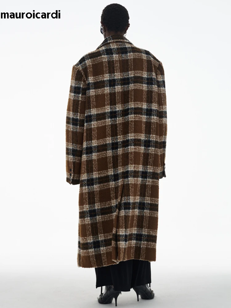 Mauroicardi Autumn Winter Oversized Long Thick Warm Colorful Plaid Wool & Blends Coat Men Loose Runway European Fashion 2023