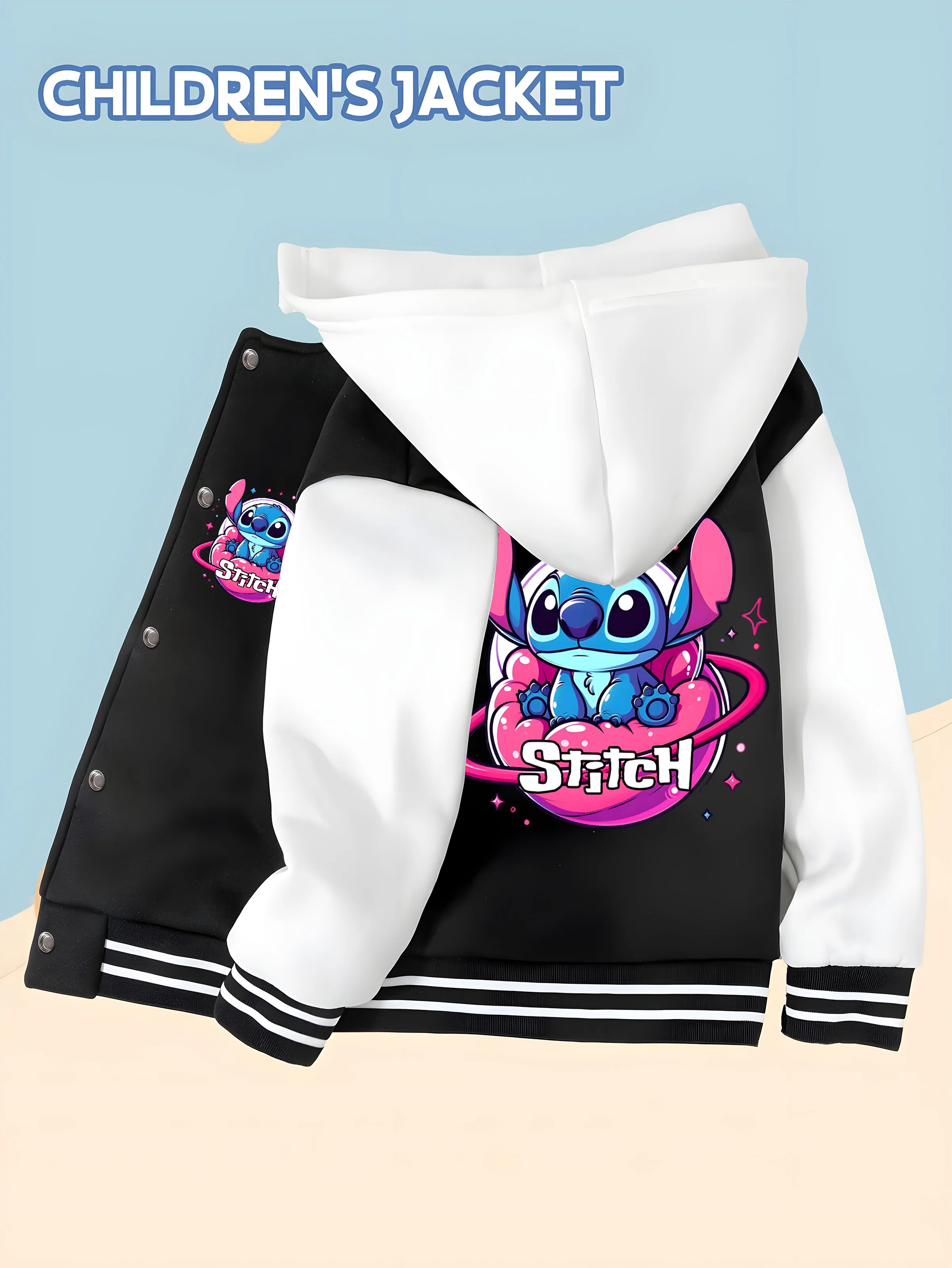 

MINISO Disney Boys Baseball Jacket - Stitch Space Theme Print, Pink and Blue Fantasy Color, Comfortable and Easy to Wear, Play