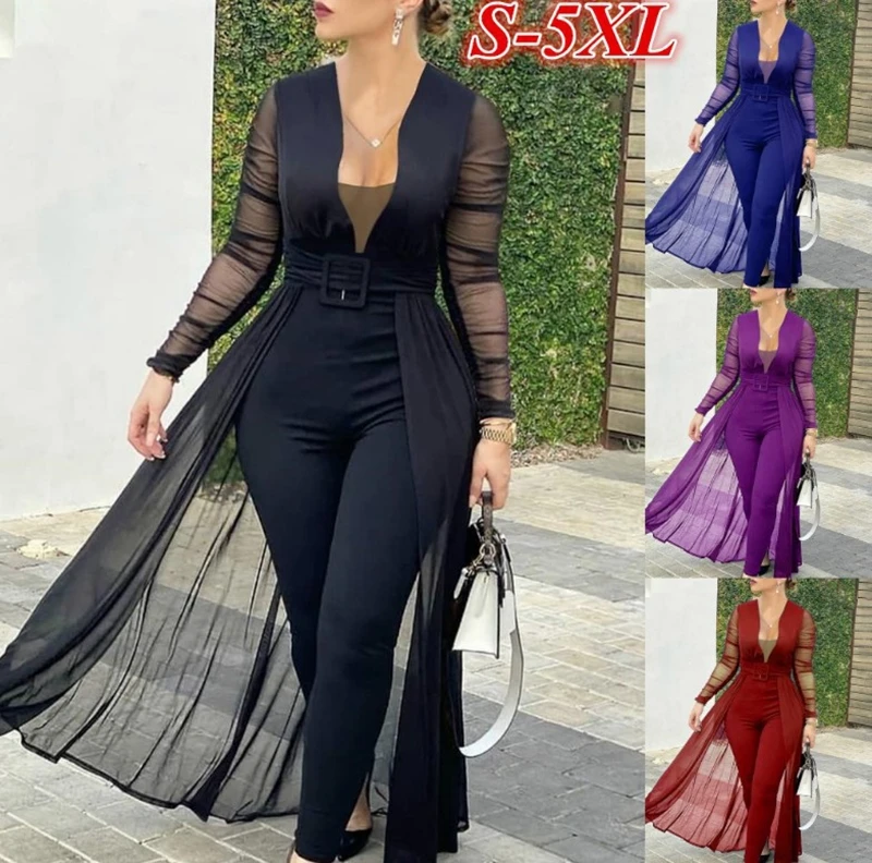 STYLISH LADY Mesh Cape Rompers and Jumpsuits 2022 Autumn Women Long Sleeve V Neck See Through Solid Elegant Club Party Overalls