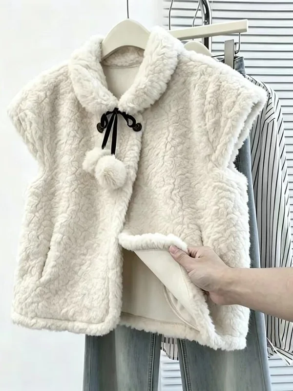Authentic Korean Style Sweet Softness Top High-End Furry Ball Belted Vest Gentle Feel Beautiful Design Ladies' Vest
