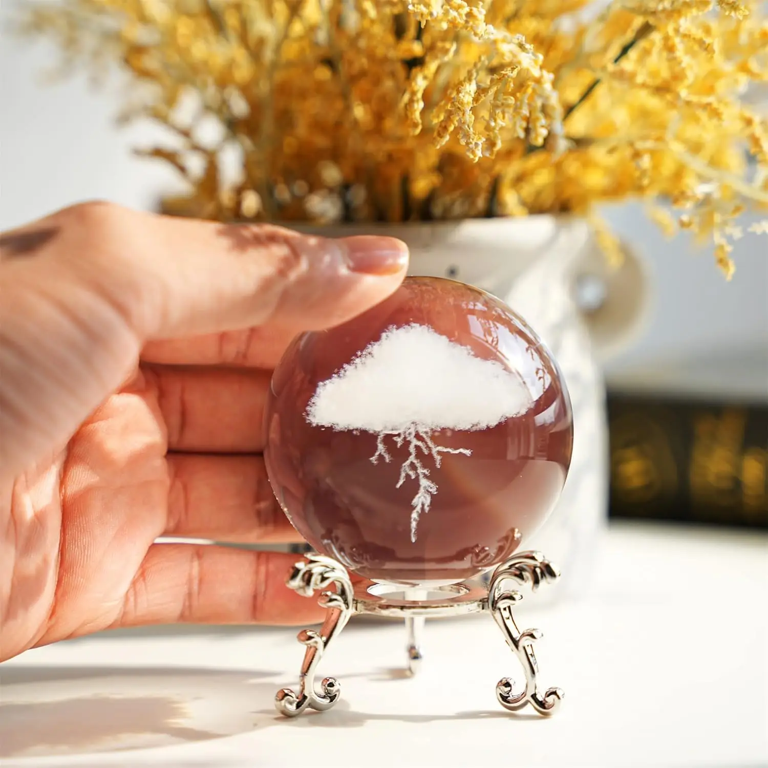 3D Lightning Cloud Crystal Decorative Ball with Silver Metal Rack Cloud Glass Sphere Paperweight Feng Shui Home Decoration Gifts