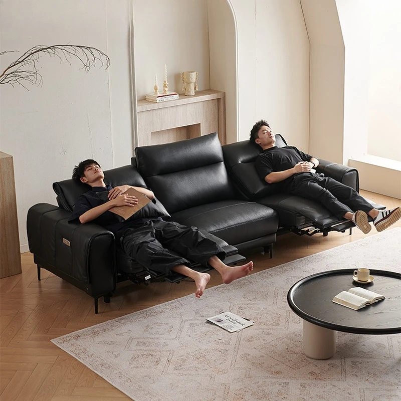 

Leather sofa black retro style first layer cowhide telescopic adjustable electric function three-person sofa