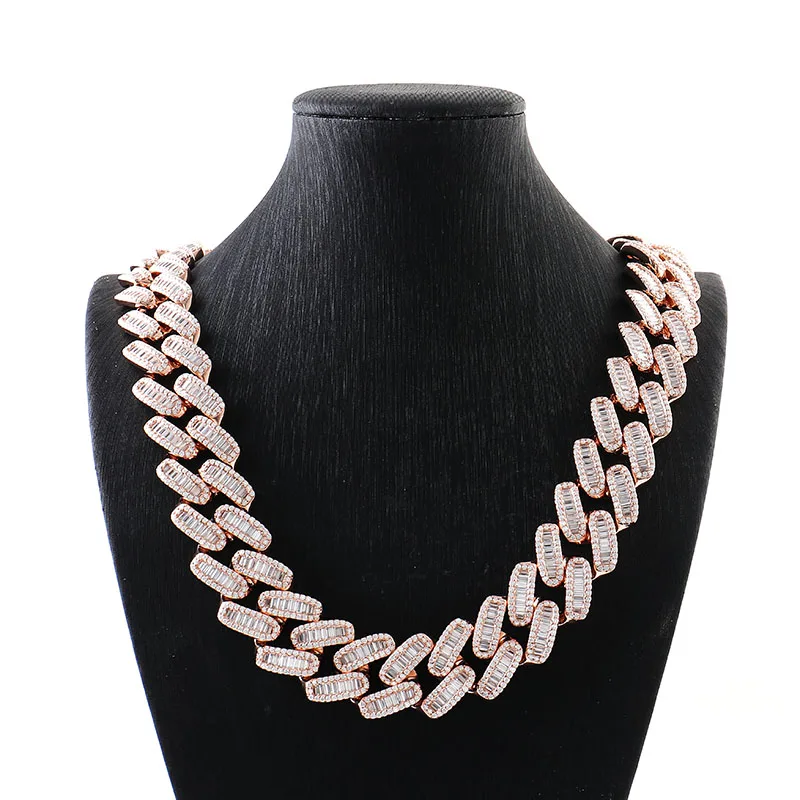 Hip Hop Rose Gold Plated 925 Sterling Silver Miami Cuban Chain Heavy Baguette Ice VVS Moissanite Cuban Chain Necklace