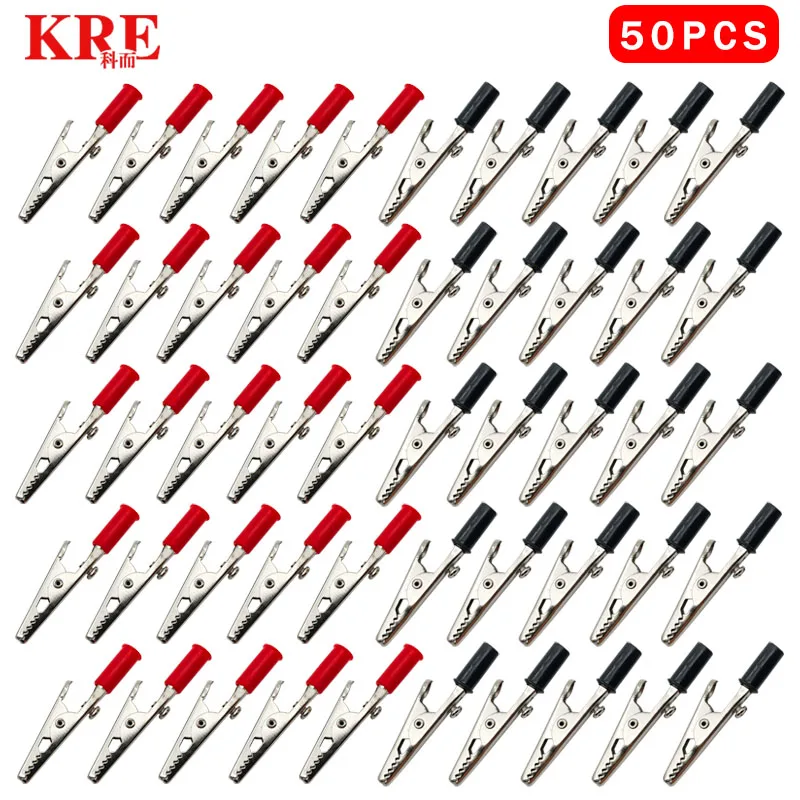 

KRE 50pcs 50mm Single Prong Handle 5A Alligator Clips Iron Electrical Clamp for Testing Probe Meter Crocodile Clip