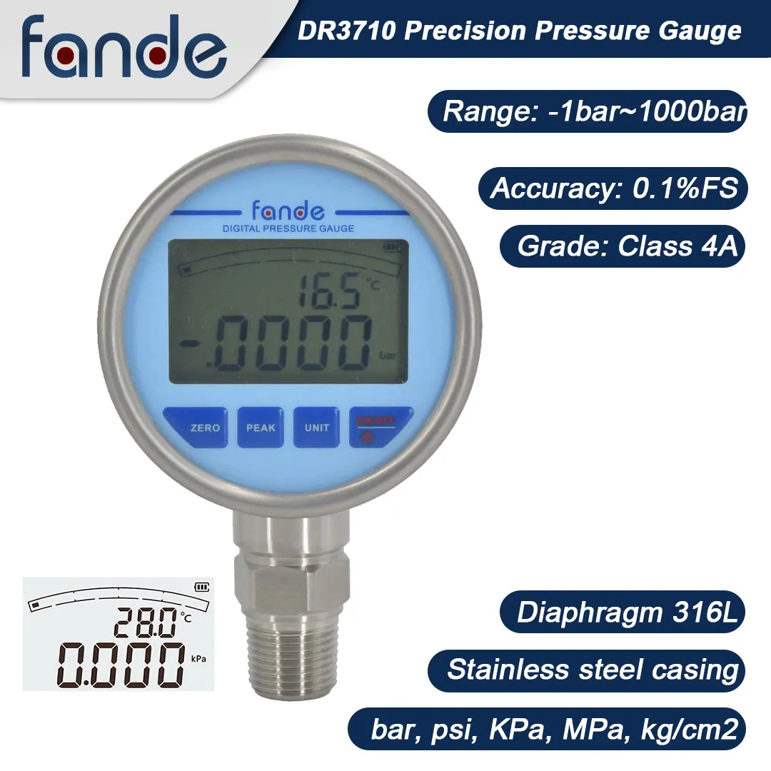 Class 4A Stainless Steel Pressure Gauge Accuracy 0.1%FS Battery Powered Backlight Peak Hold for Oil Fuel Air Water