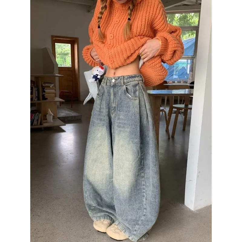American Retro High Waist Plus Size Loose Jeans Women Pleated Washed Distressed Wide Leg Jeans Streetwear Casual Daily All Match