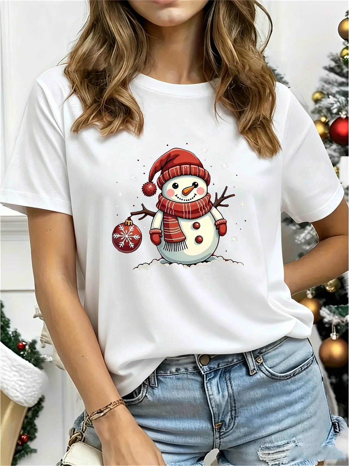 Women Tee Cute Snowman Red Hat Scarf Christmas Bauble Snow Graphic Print Round Neck Short Sleeve Soft Ladies Casual Shirt
