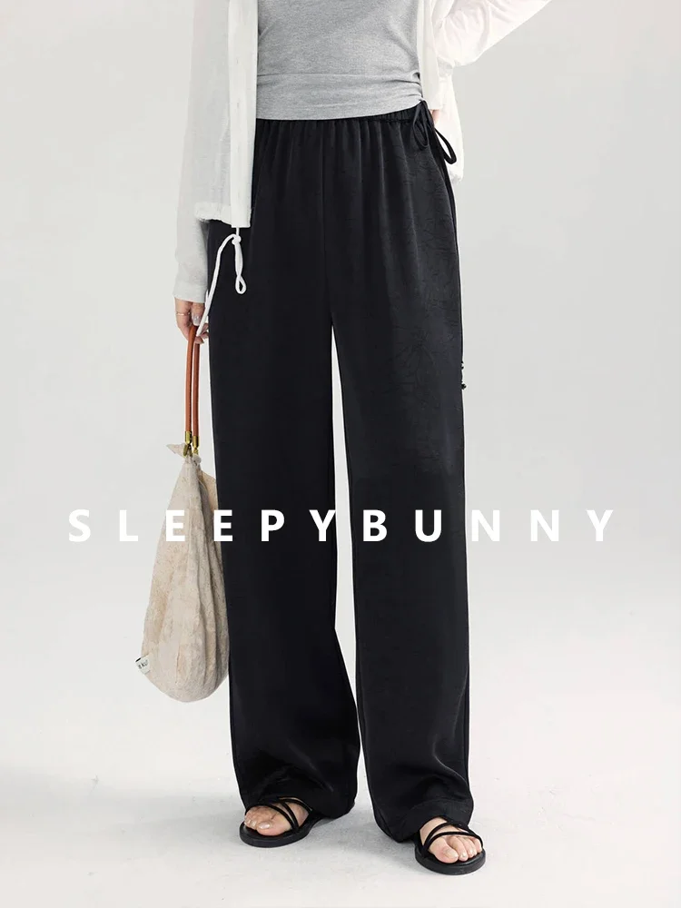 High Waist Lightweight Wide Leg Pants Women Loose Fit Trousers Petite Friendly Elastic Waist Straight Drape Floor-Length Pants