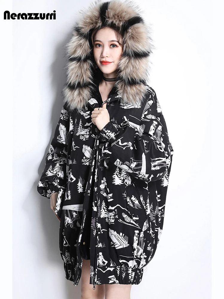 Nerazzurri Fur parka women hooded warm coat winter 2019 long sleeve raccoon fur collar thicken oversized faux fur lined jacket