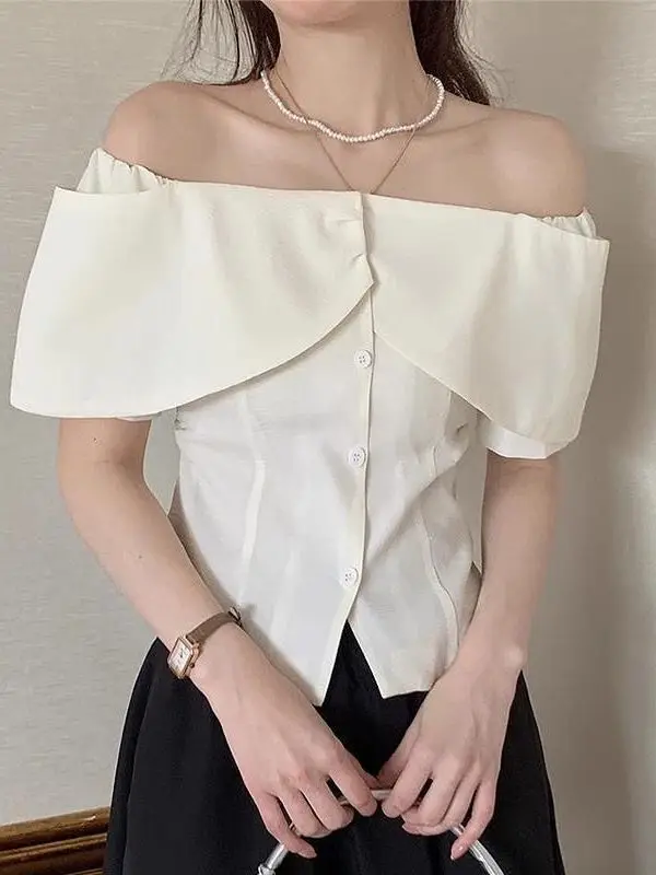 

Elegant Short Sleeve Blouse Women's Fashion Slim Fit Korean Style Commute Wind Summer New Style Lace One Shoulder Shirt