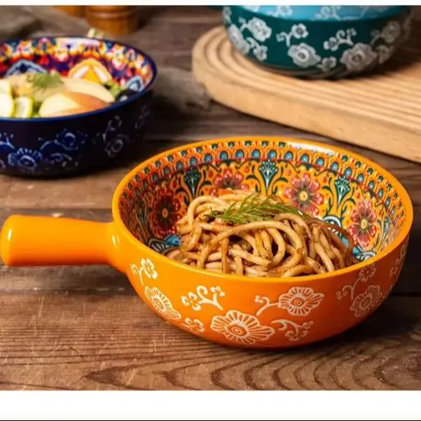 6.2In Retro Ceramic Handle Bowls Household Rice Bowls With Handles Instant Noodle Bowls Salad Bowls Air Fryer Baking Bowls