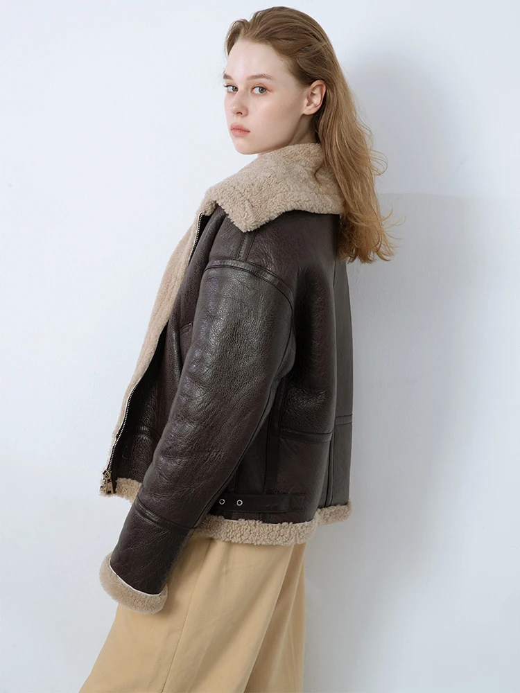 Natural Sheepskin Shearling Coat Winter Women's Fur One Thick Warm Brown Black Motorcycle Genuine Leather Jacket Women