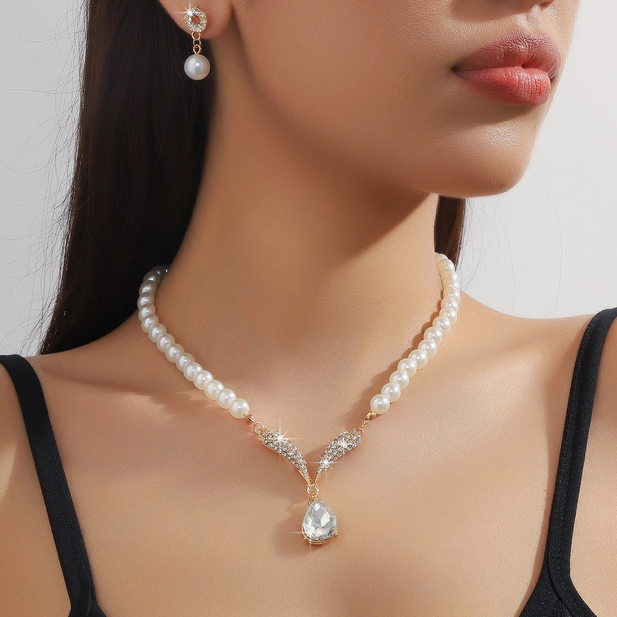 3PC Women\'s Fashion Trend Pearl Droplet Necklace Earrings Jewelry Set Wedding Banquet Party Festival Gift