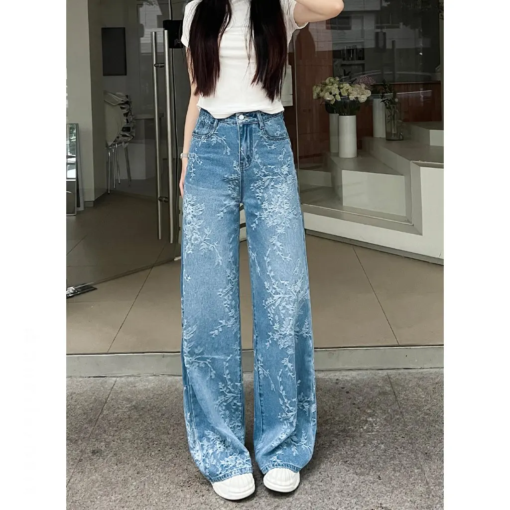 レディース ハイウエスト スリム ストレート ジャカード ジーンズ ナロー ワイドレッグパンツ 秋向けスタイリッシュな薄手デザイン