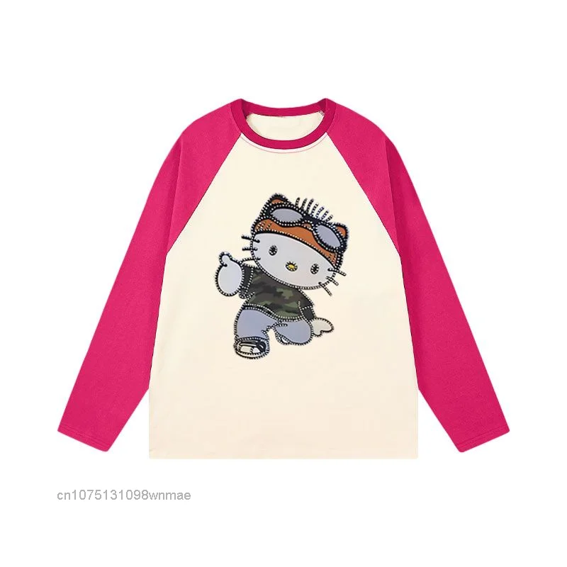 Sanrio Hello Kitty Camo Cotton T-shirts for Women, Long Sleeve, Hip Hop, Splicing, Oversize Fashion Tees, Street Top Clothes