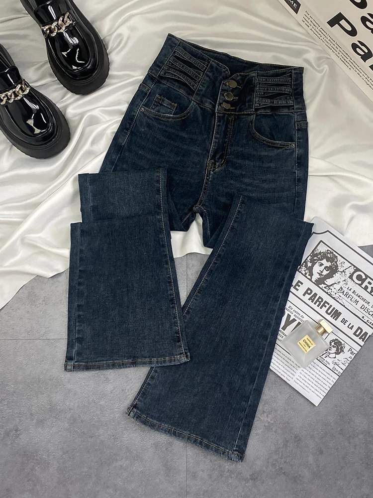 

Облегающие джинсы-колокольчики с высокой талией, женские весенне-осенние 2023, новые эластичные расклешенные джинсовые брюки глубокого цвета