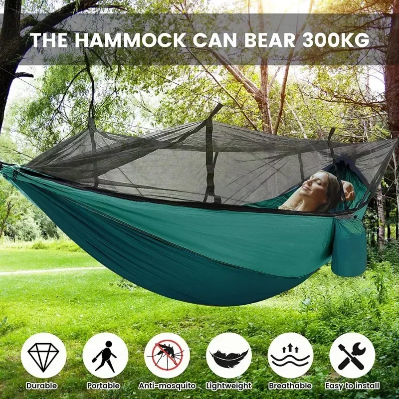 Camping Hammock with Net, Lightweight Portable Double Parachute Hammocks, High Capacity & Tear Resistance for Backyard,Hiking