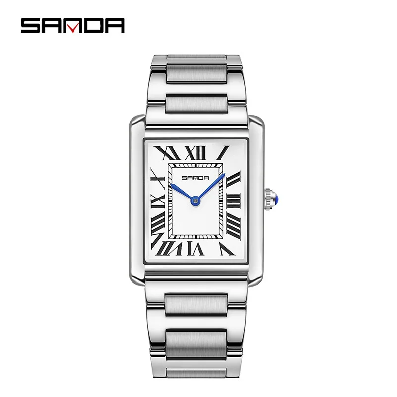 SANDA 1108 9031 Men Women Couple Quartz Watch Roman Numeral Fashion Square Stainless Steel Waterproof Wristwatch Lovers Watches