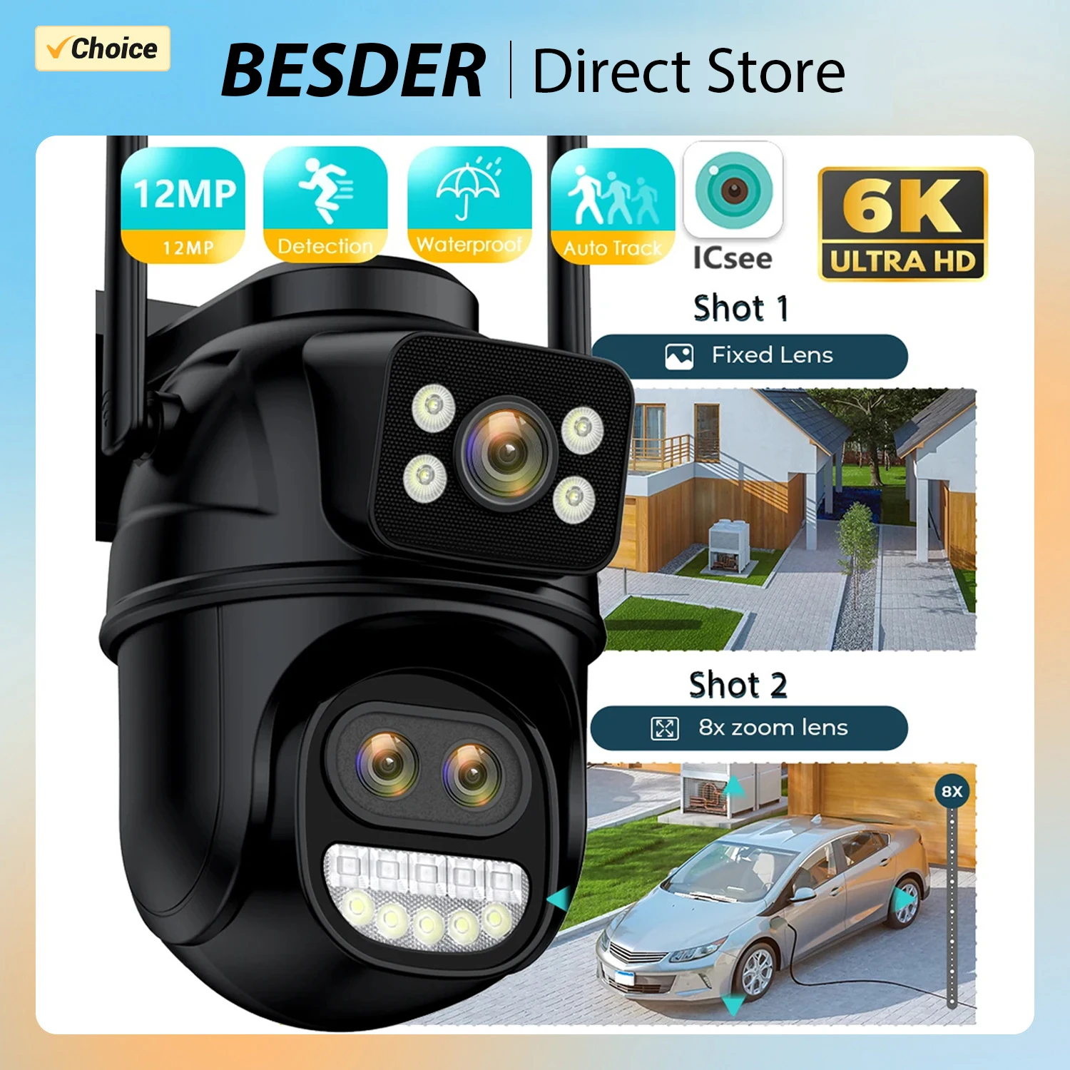 12mp wifi kamera outdoor drei objektiv dual bildschirme 8x zoom cctv videokamera auto tracking sicherheits schutz überwachung icsee