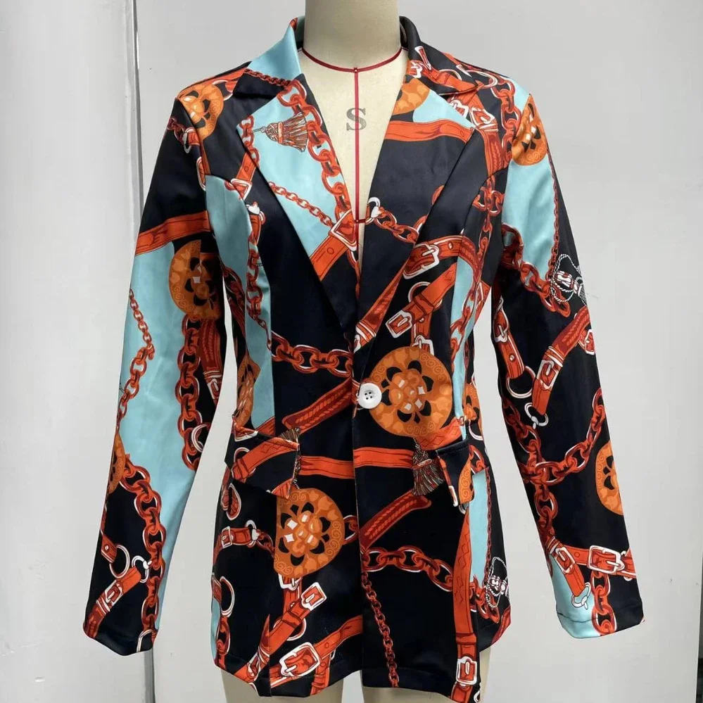 Vintage Print Blazers for Women Chic Autumn Women's Clothing Long Sleeve Streetwear Slim Ladies Coats Plus Size Blazer Mujer