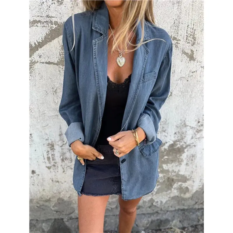 Camisa vaquera con botones para mujer, chaqueta vaquera holgada informal con solapa de manga larga-ABQU