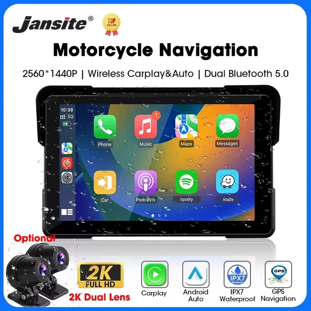 Jansite 5/7 calowy Motocyklowy Rejestrator Jazdy z CarPlay, Nawigacja GPS, Bezprzewodowy CarPlay, Android Auto, Wyświetlacz IPX7, Przenośny Monitor Moto