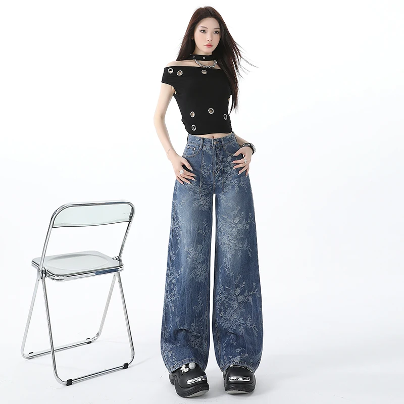 女性用ブルーのジャカードジーンズ、ゆったりとしたワイドレッグパンツ、レトロなストレートレッグパンツ