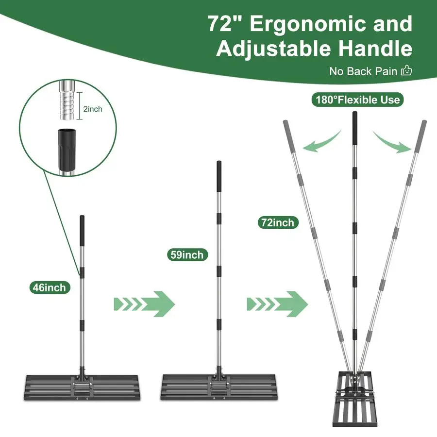 مشط تسوية العشب بوصة، أداة تسوية العشب 72 جهدًا، مقبض من الفولاذ المقاوم للصدأ، أداة تسوية العشب لملعب الجولف في ساحة المراعي Ga